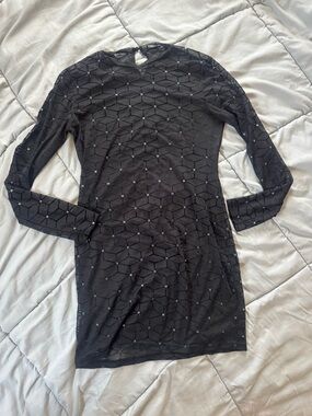 Black Long-Sleeve Beaded Mesh Dress
